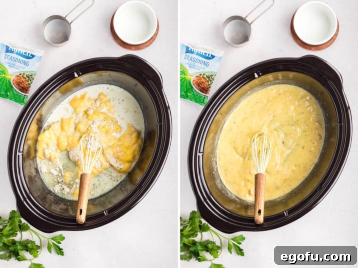 Creamy Ranch Slow Cooker Chicken 5 A Crock Pot with a creamy ranch sauce being mixed together with a whisk until combined.