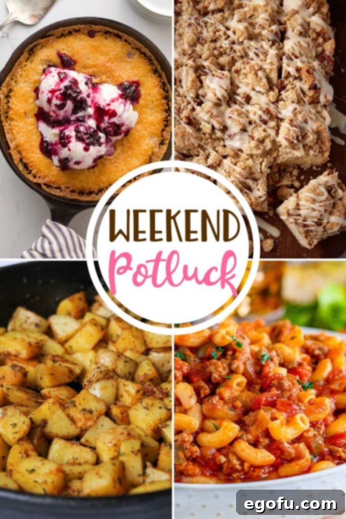 Weekend Potluck featured recipes include: Pecan Crumb Cake, Best Blackberry Cobbler, Skillet Breakfast Potatoes and Crock Pot American Goulash!