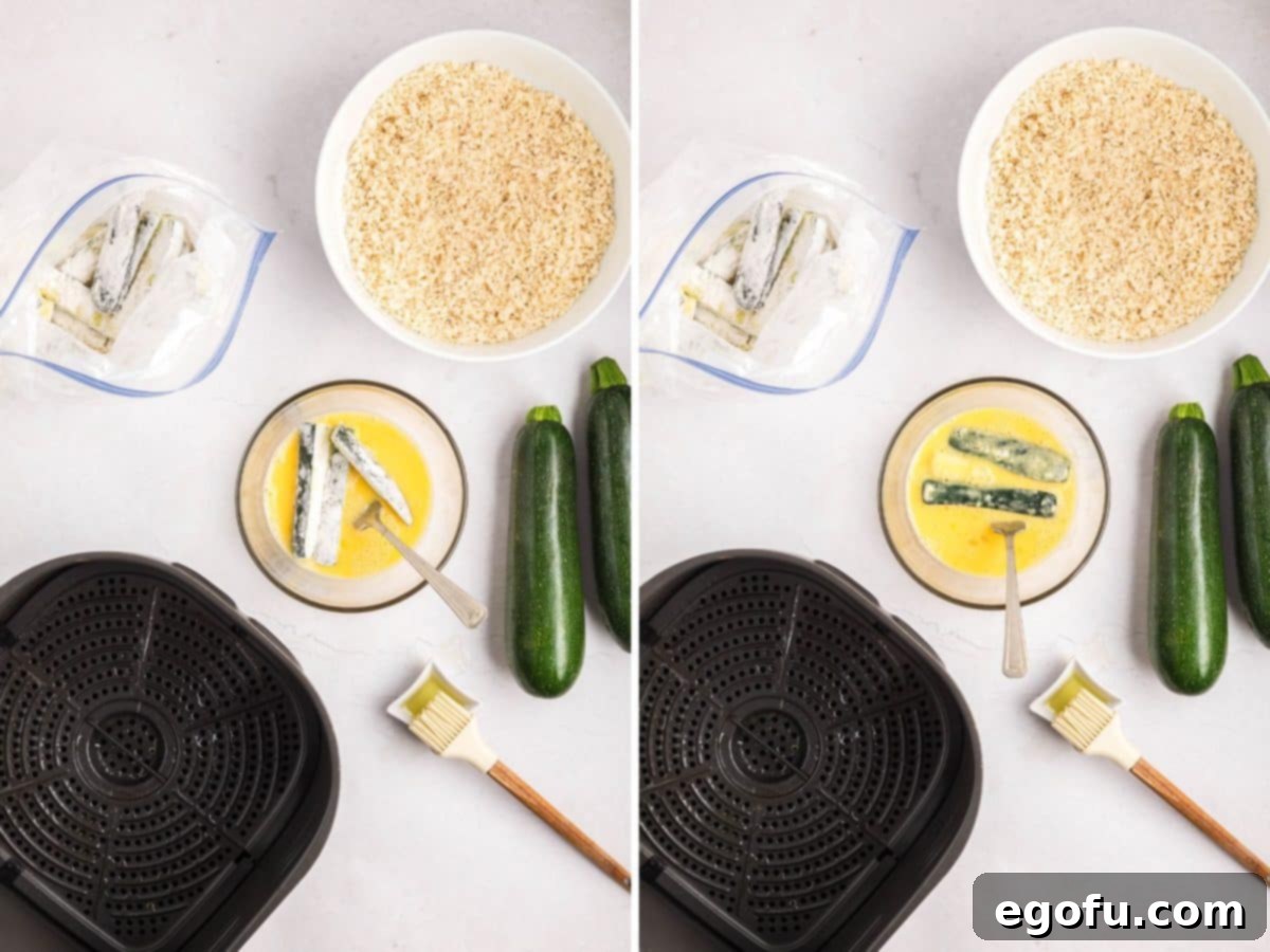 Flour coated zucchini being dipped in egg mixture.