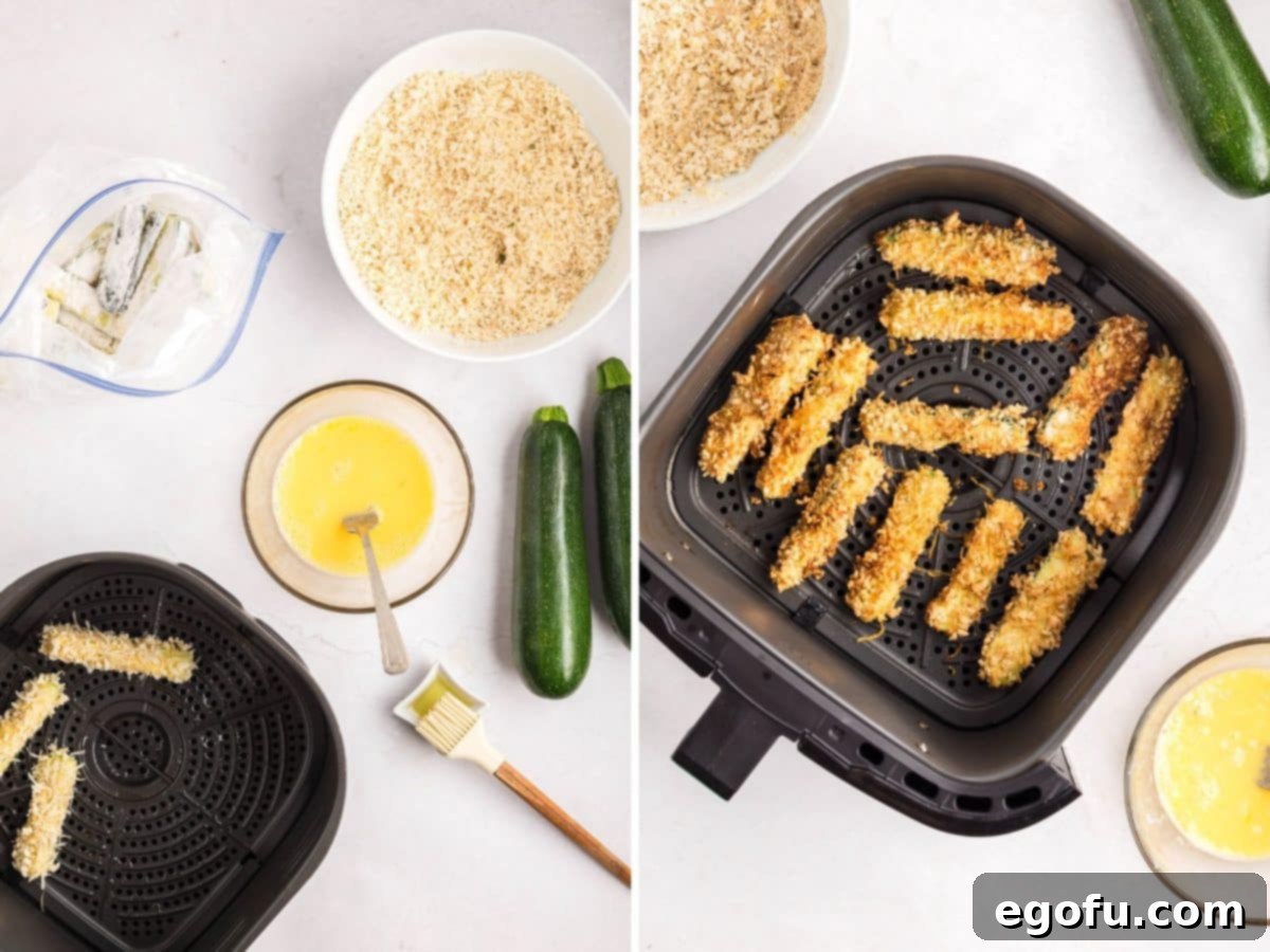 Coated zucchini sticks in an Air Fryer basket and cooked zucchini fries in a basket.