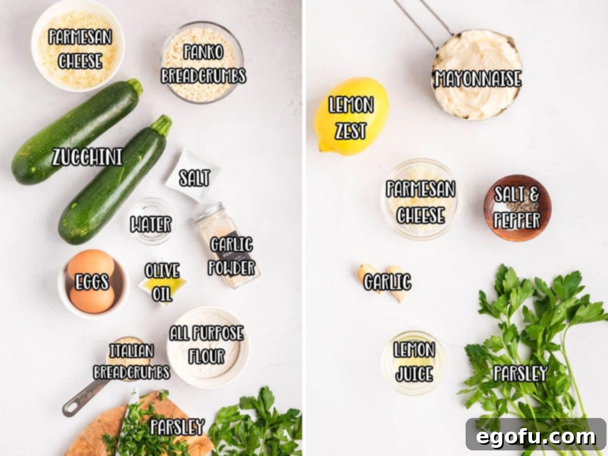 All the ingredients needed to make homemade Air Fryer Zucchini Fries and a homemade lemon garlic aioli sauce.