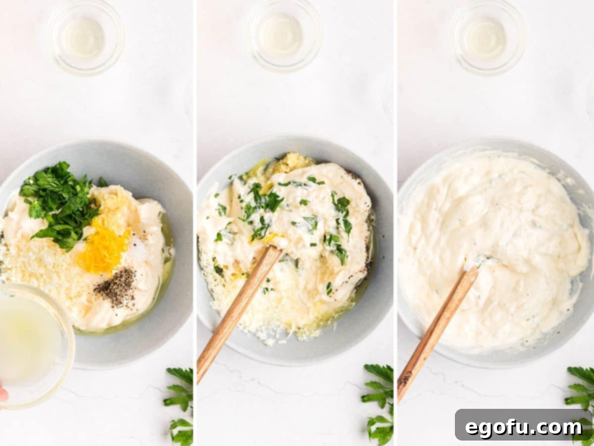A Lemon Garlic Aioli dip being mixed together in a bowl.