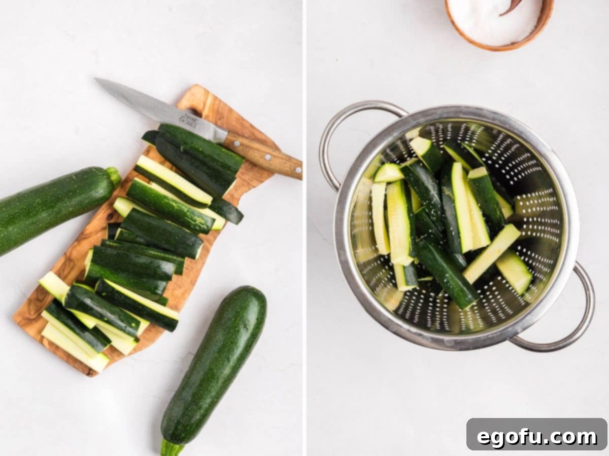 Zucchini being cut into sticks and then dried off in a colander.