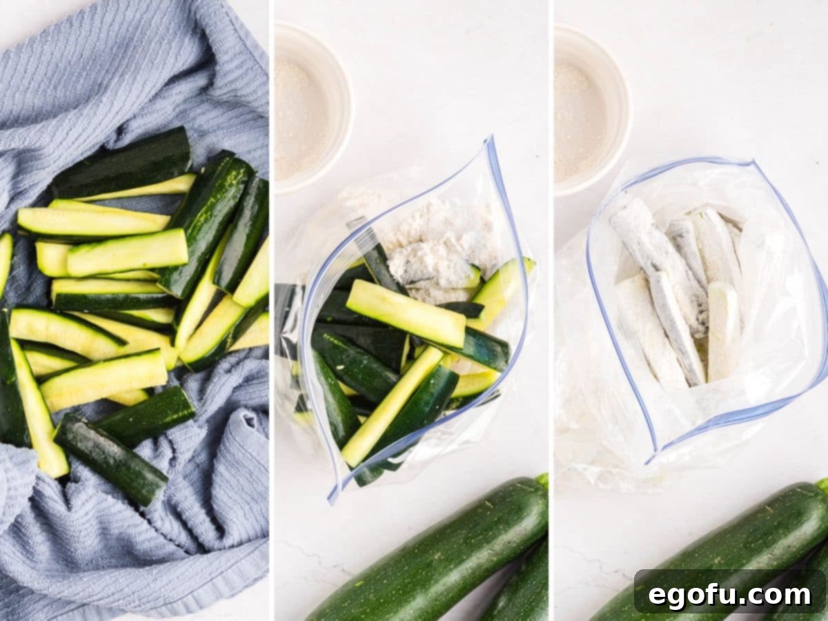 Zucchini sticks being dried off with a dish towel, sticks in a bag with flour mixture and them being mixed together in a bag.
