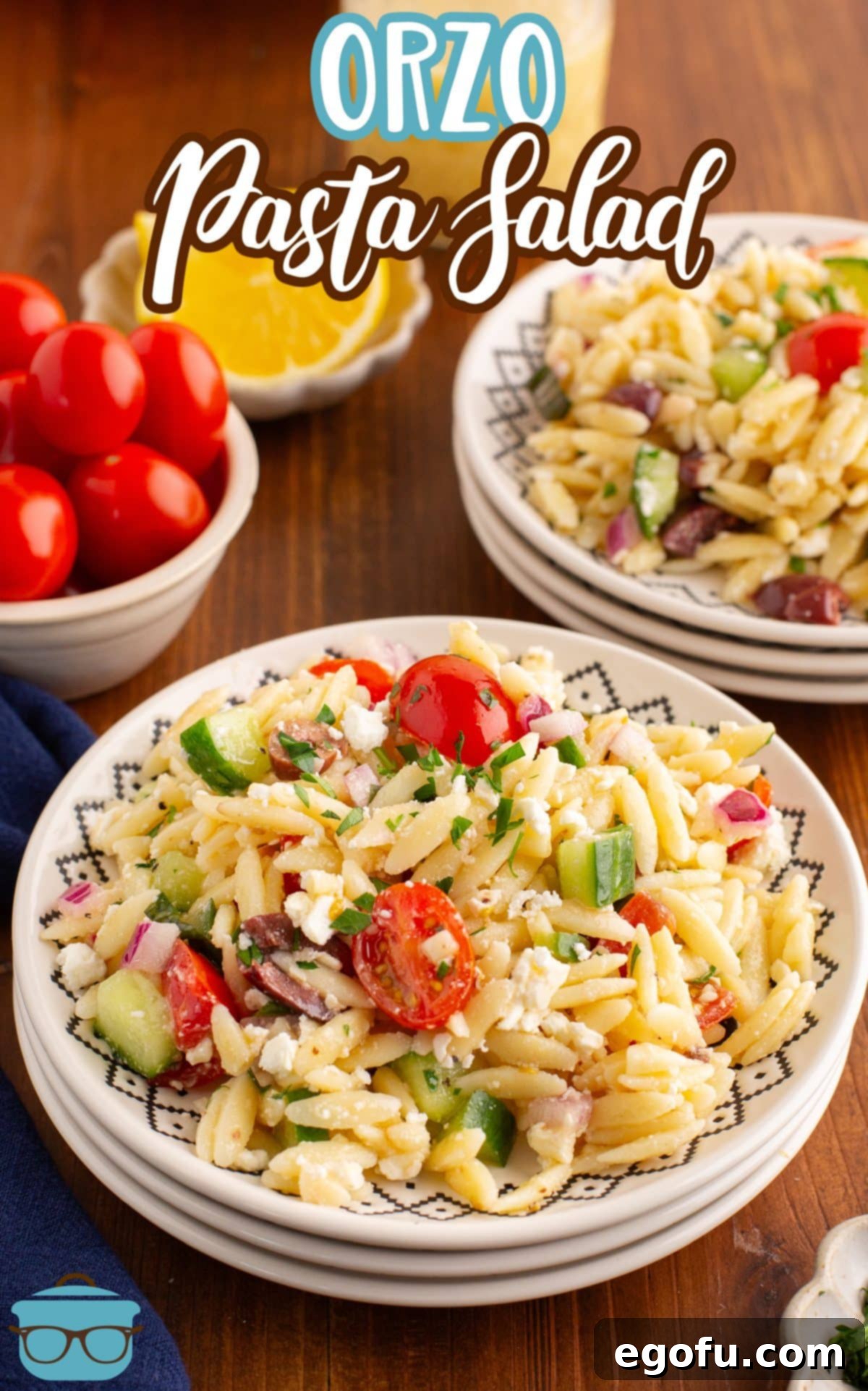 Several servings of freshly prepared Orzo Pasta Salad in individual plates, ready to be enjoyed.