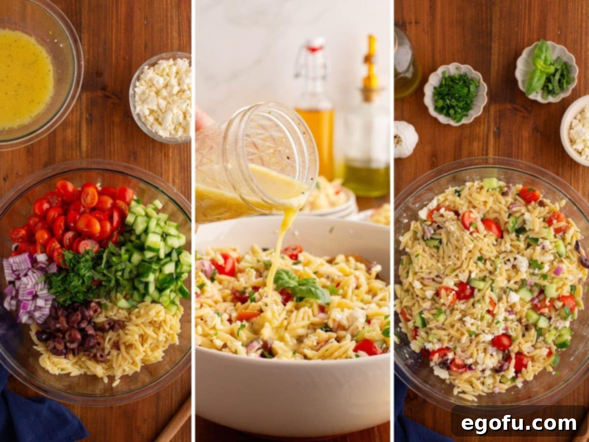 All the Orzo Pasta Salad ingredients being mixed in a large bowl, with the lemon vinaigrette being poured over the top, and crumbled feta cheese added to the mixture.