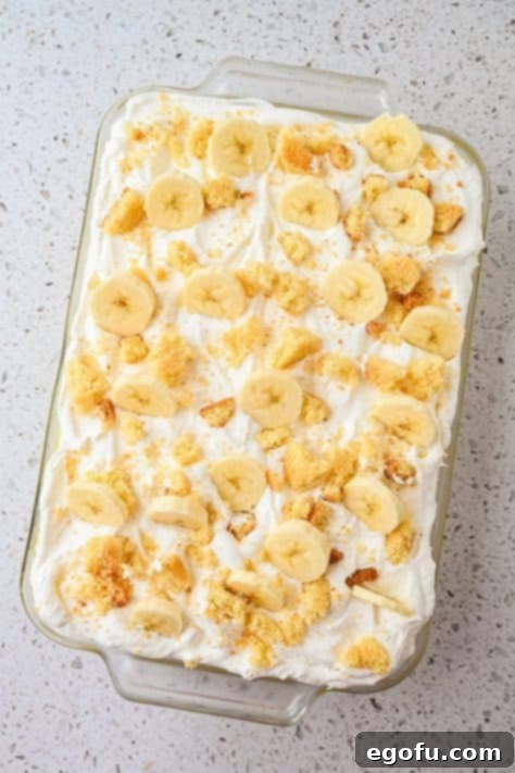 A garnished, uncut, Banana Pudding Dessert.