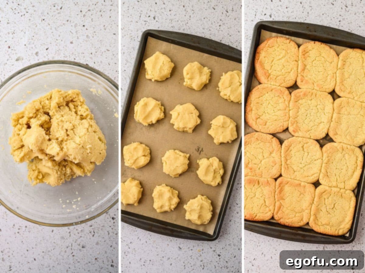 Sugar cookies being mixed in a bowl and baked on a parchment-lined baking sheet.