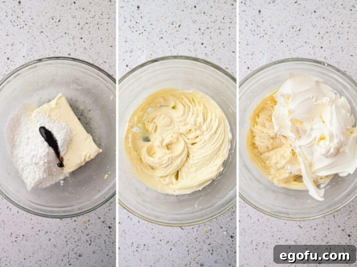 Cream cheese, powdered sugar, and vanilla extract being mixed together in a bowl until smooth.