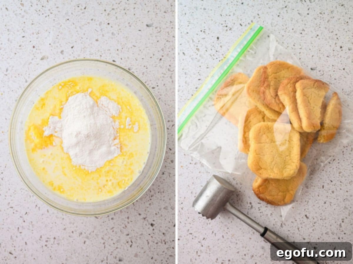 Banana pudding mix and cold milk being whisked in a bowl, next to a bag of sugar cookies being crushed.