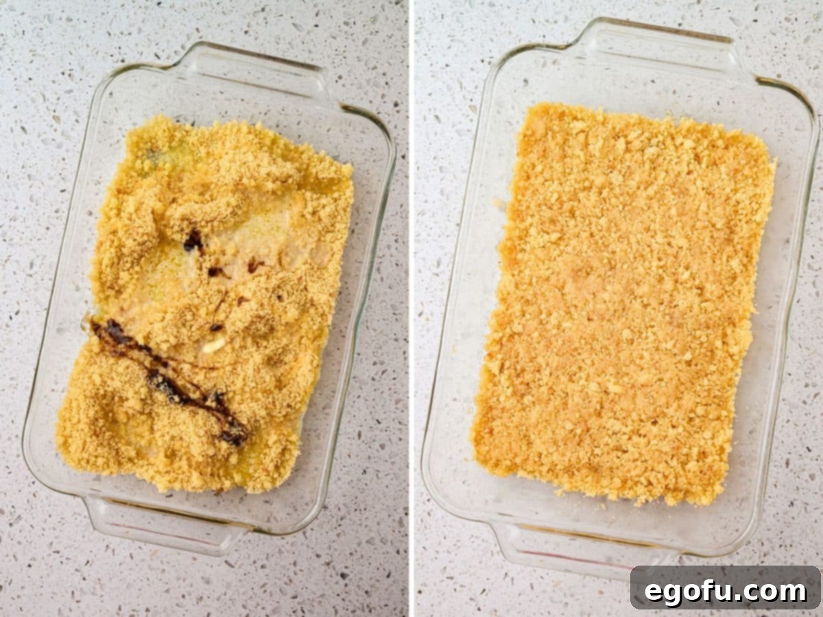 Melted butter and vanilla being mixed with cookie crumbs in a 9x13 baking dish to form a crust.