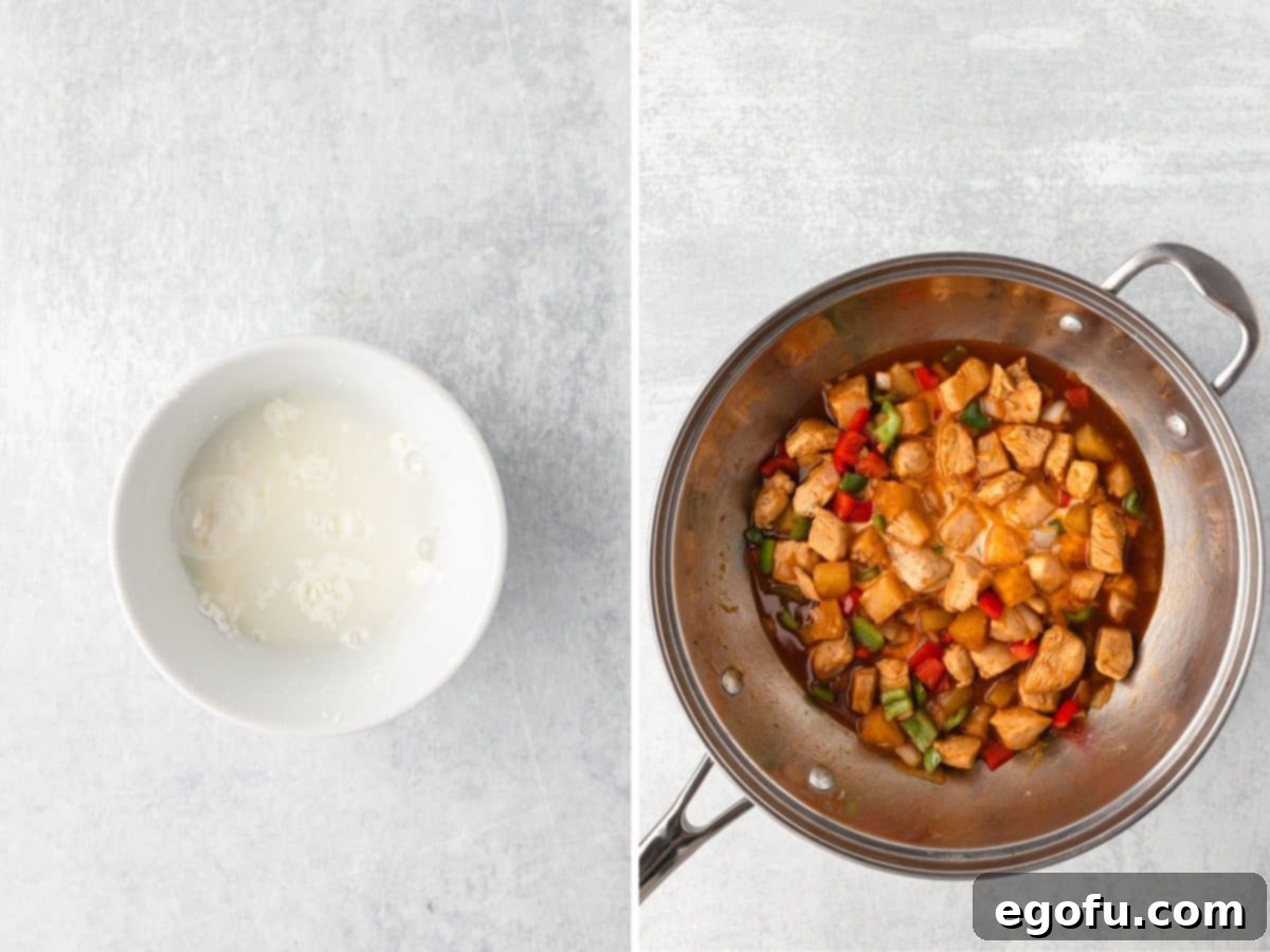 Cornstarch and water slurry in a bowl being added to a chicken stir fry to thicken the sauce.