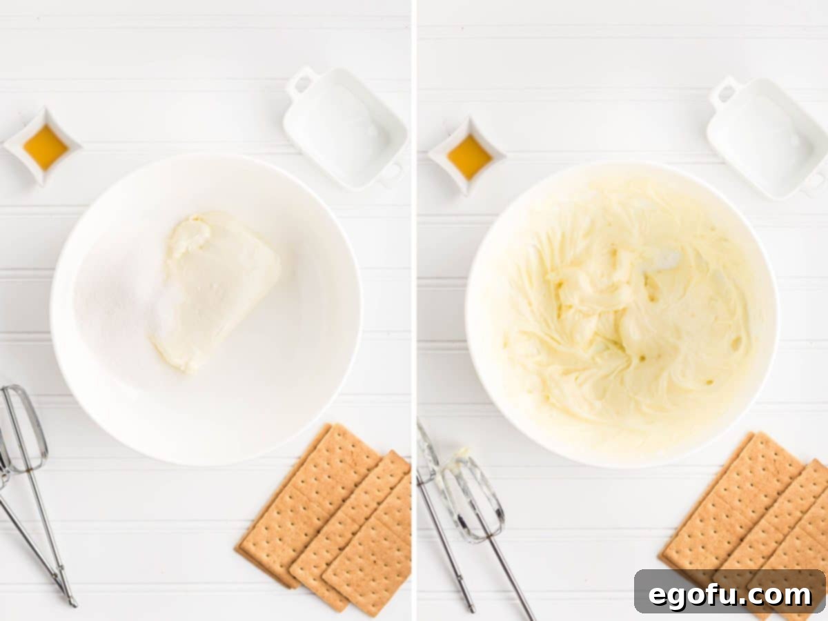 Cream cheese and sugar mixture being mixed together in a bowl.