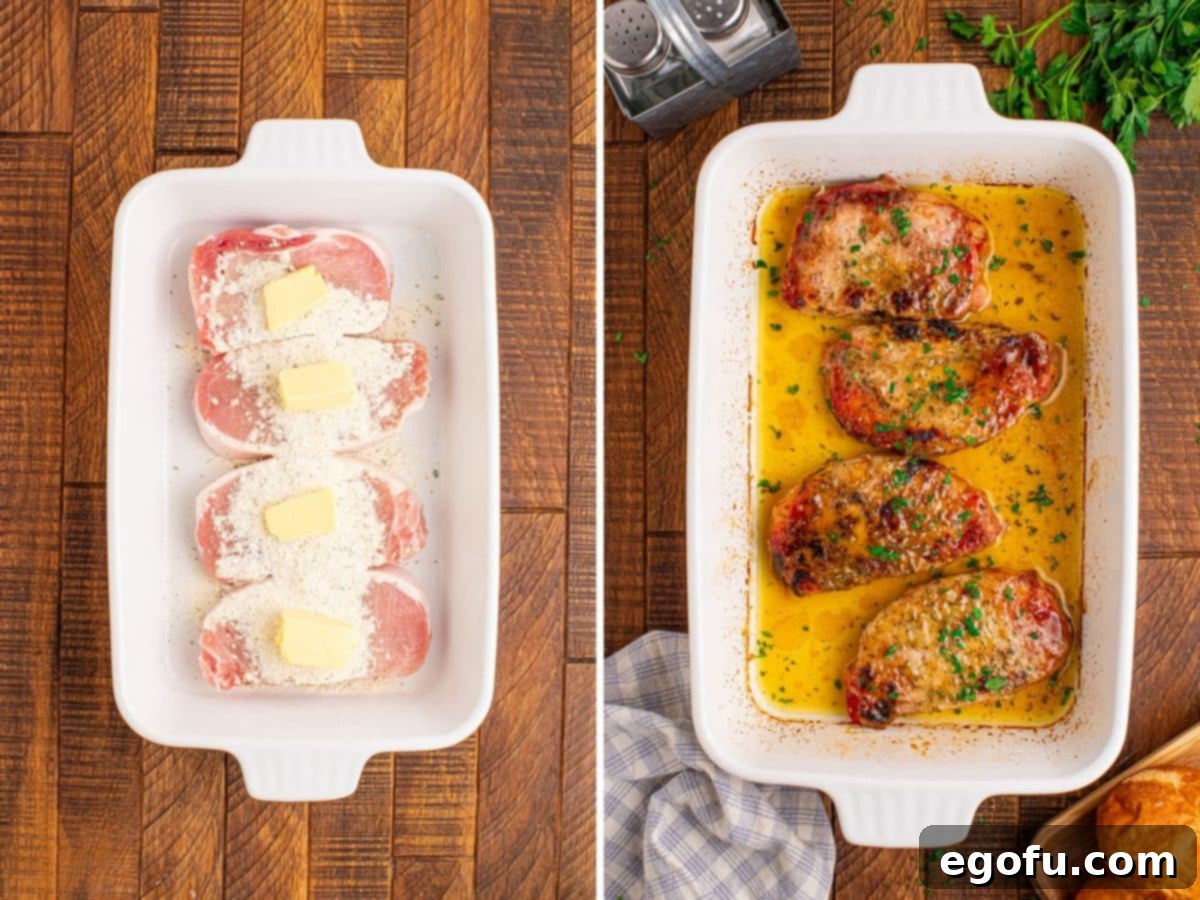 Golden Ranch Butter Pork Chops 6 Unbaked pork chops with butter pats and ranch seasoning in a baking dish.