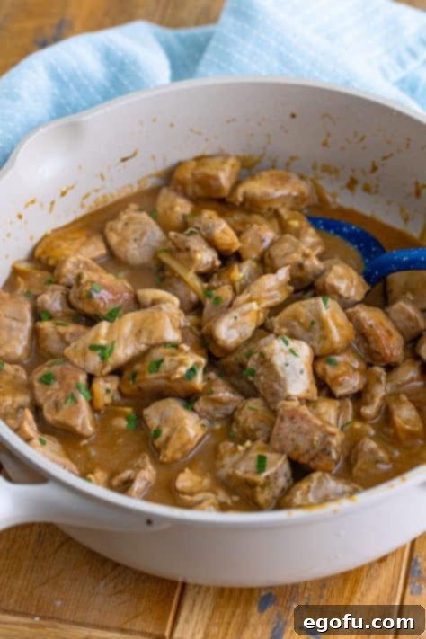 Tender Pork Bites in Rich Gravy 16 A skillet filled with deliciously cooked Pork Bites and a luscious homemade Gravy, ready to be served.