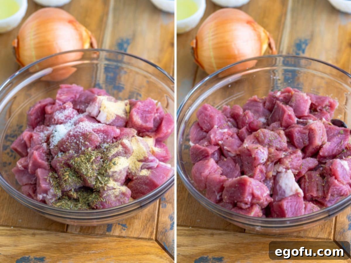 Tender Pork Bites in Rich Gravy 5 Bite-sized pork pieces seasoned with garlic powder, Herbs de Provence, salt, and pepper in a mixing bowl.