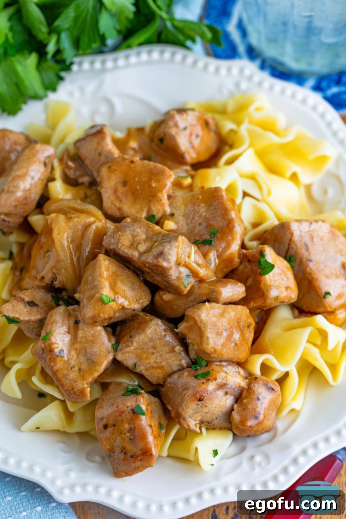Tender Pork Bites in Rich Gravy 8 A beautifully presented plate with Pork Bites and Gravy served over a bed of fluffy egg noodles, ready to be enjoyed as a hearty meal.