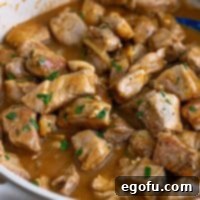 Tender Pork Bites in Rich Gravy 9 A close-up view of tender Pork Bites with a generous coating of savory gravy.