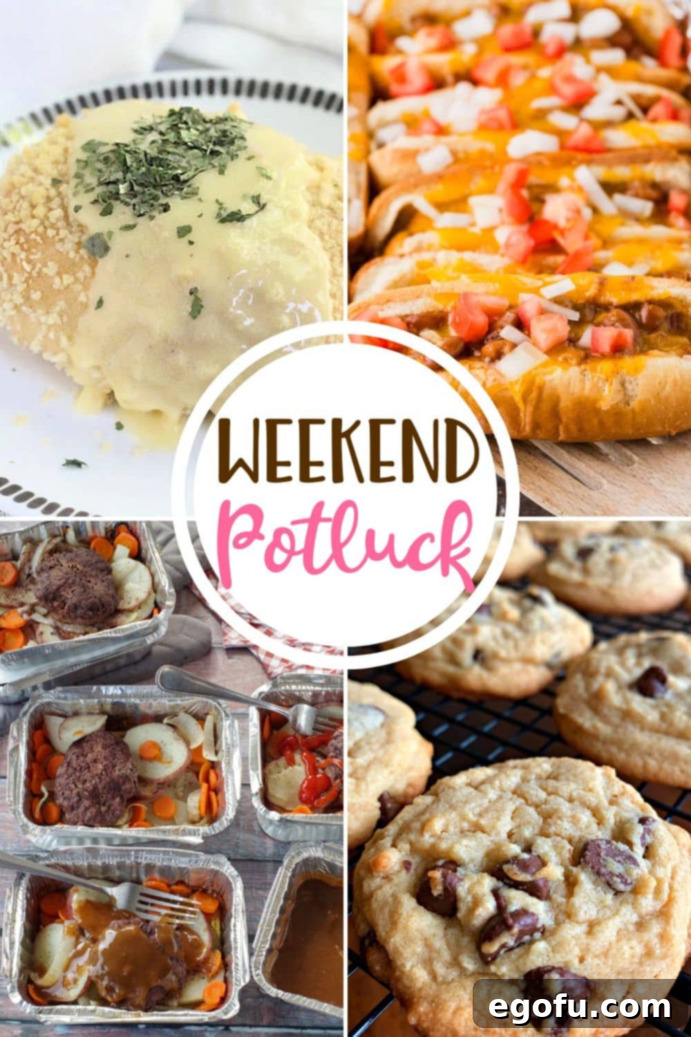 A vibrant collage of featured potluck recipes including creamy Chicken Pillows, hearty Hamburger Foil Packets, classic Baked Chili Dogs, and tempting Bisquick Chocolate Chip Cookies, inviting readers to explore delicious home cooking ideas.