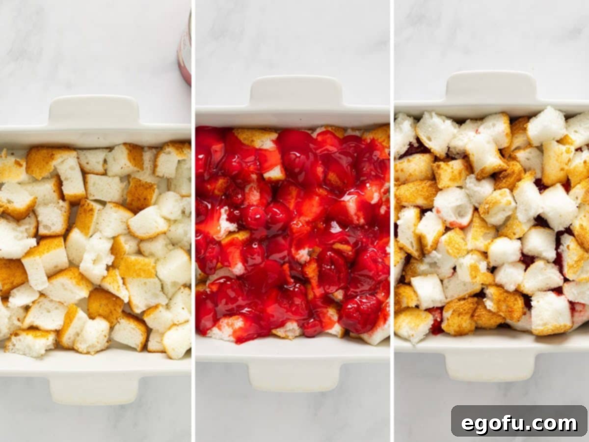 Cloud Nine Indulgence 6 Cake pieces in a pan covered with pie filling and topped with more cake pieces.