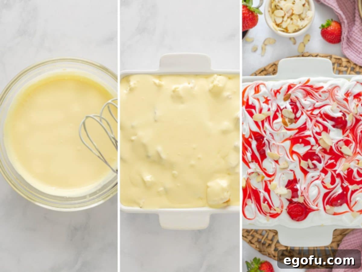 Cloud Nine Indulgence 7 A bowl of cream cheese and pudding mixture then poured over a dessert that gets topped with Cool Whip and more pie filling.