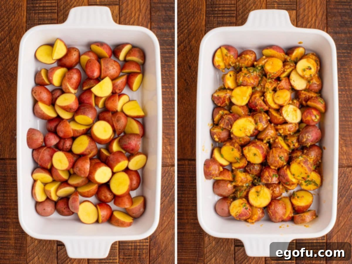 Spicy Garlic Herb Roasted Potatoes 6 Prepped and seasoned potatoes in a baking dish, ready for the oven, alongside a dish of baked Cowboy Butter Potatoes.