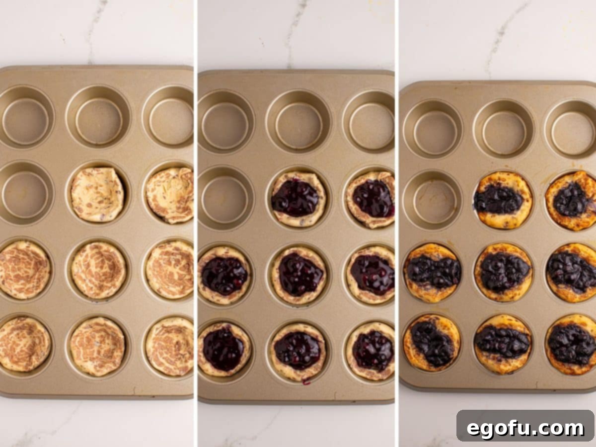 Blueberry Cinnamon Swirl Bites 5 A visual sequence showing cinnamon roll dough being pressed into a muffin tin, then filled with blueberry pie filling, and finally a batch of freshly baked golden cups.