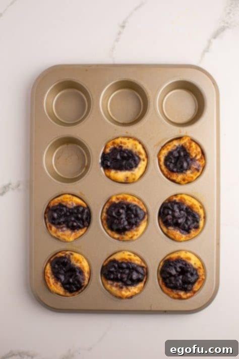 Blueberry Cinnamon Swirl Bites 10 Baked blueberry pie cups in a muffin tin, golden brown and perfectly puffed.
