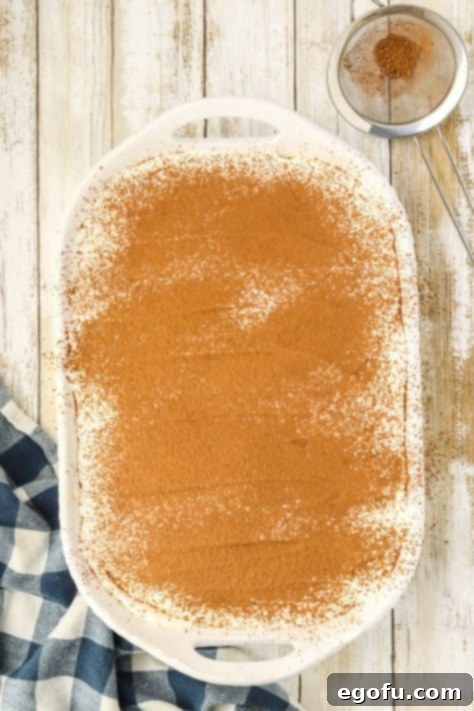 Espresso Kissed Tiramisu Poke Delight 18 Cocoa powder covering a cake.