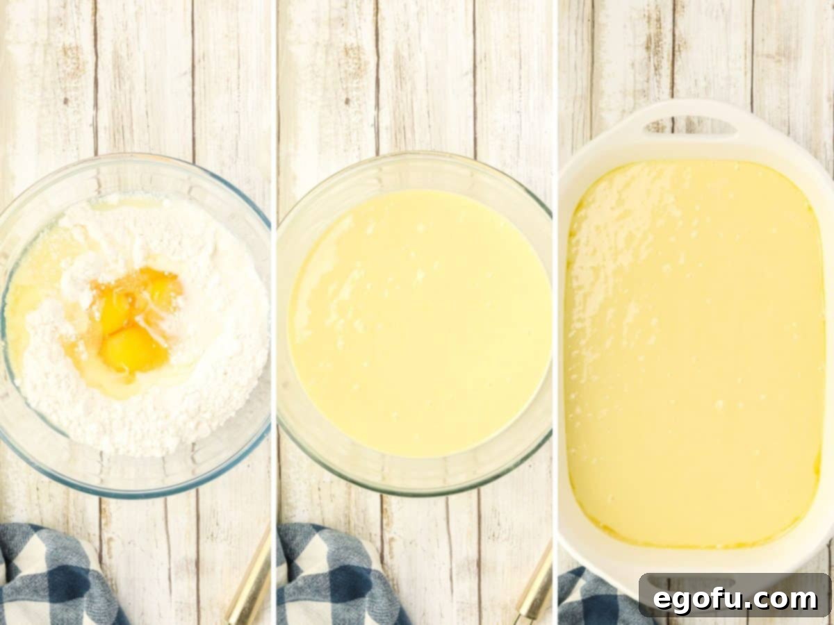 Espresso Kissed Tiramisu Poke Delight 6 A French vanilla cake mix being prepared and poured into a baking dish.