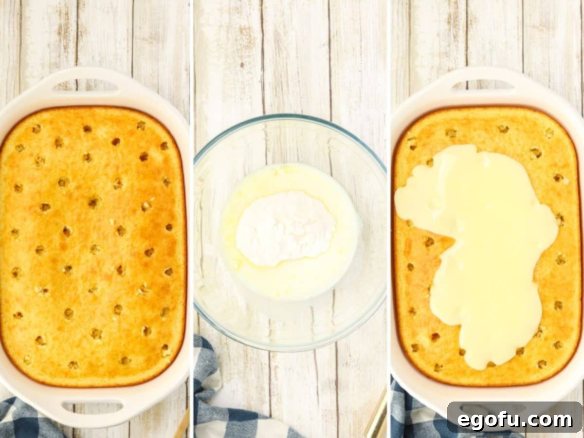 Espresso Kissed Tiramisu Poke Delight 7 A cake with holes, pudding being prepared and poured over a cake.