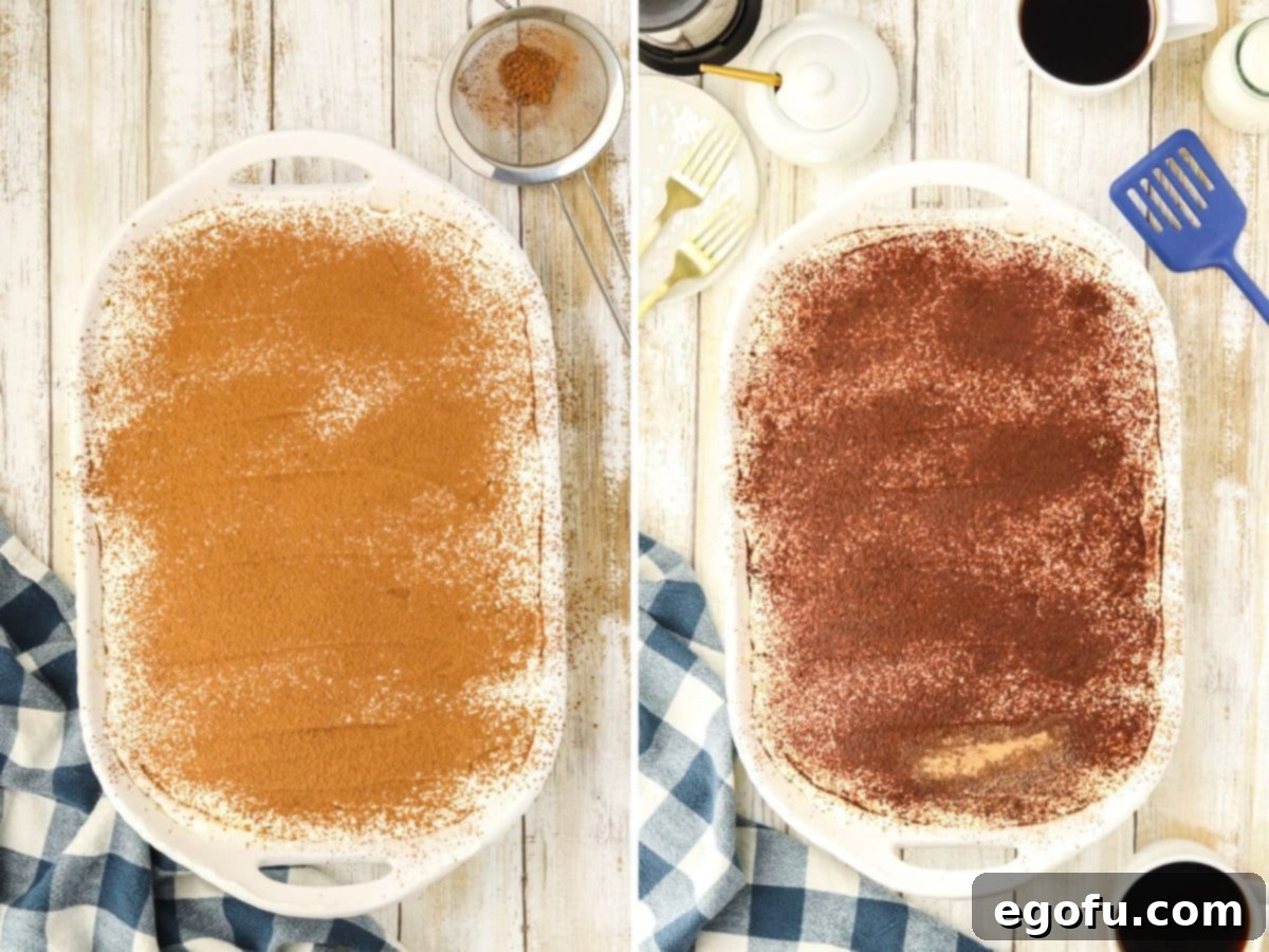 Espresso Kissed Tiramisu Poke Delight 9 Cocoa spread over a layered Tramisu cake and a chilled poke cake.