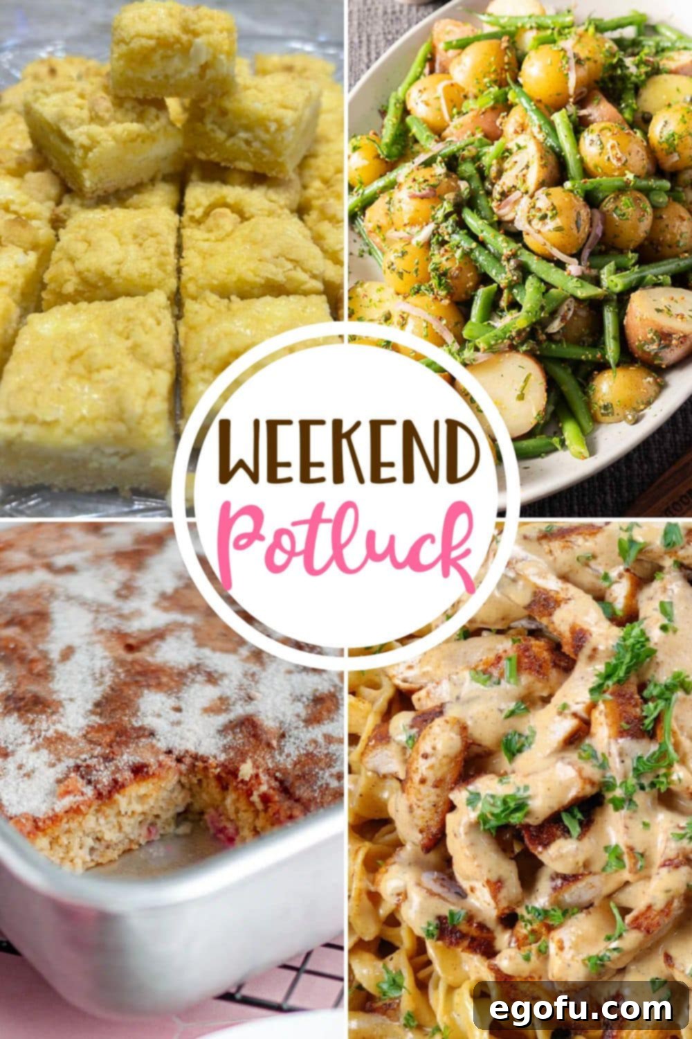Weekend Potluck featured recipes include: Lemon Cream Cheese Cake Bars, French Green Bean Potato Salad, Old-Fashioned Rhubarb Cake, Creamy Chicken Pasta. Discover top recipes from our community of food bloggers.