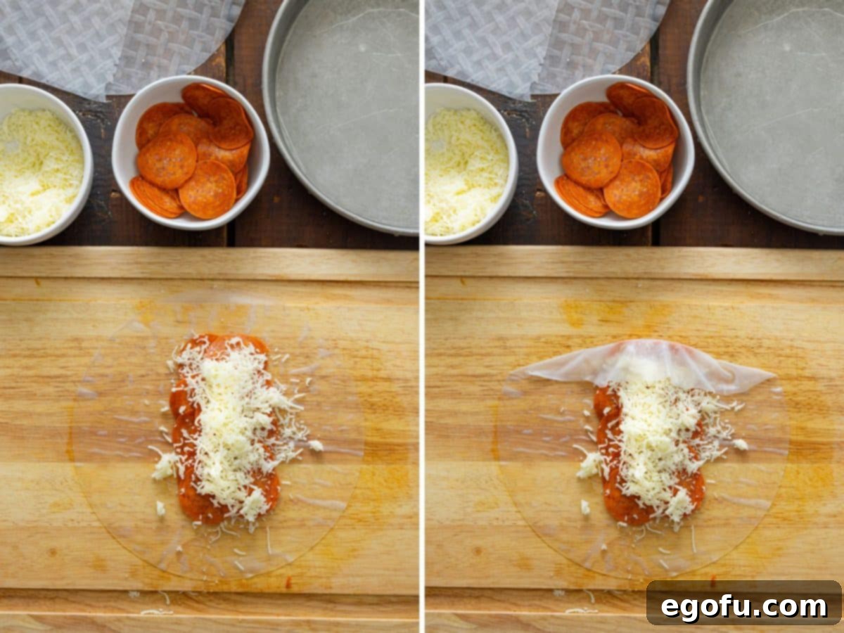 More cheese and the wrapper starting to be wrapped.