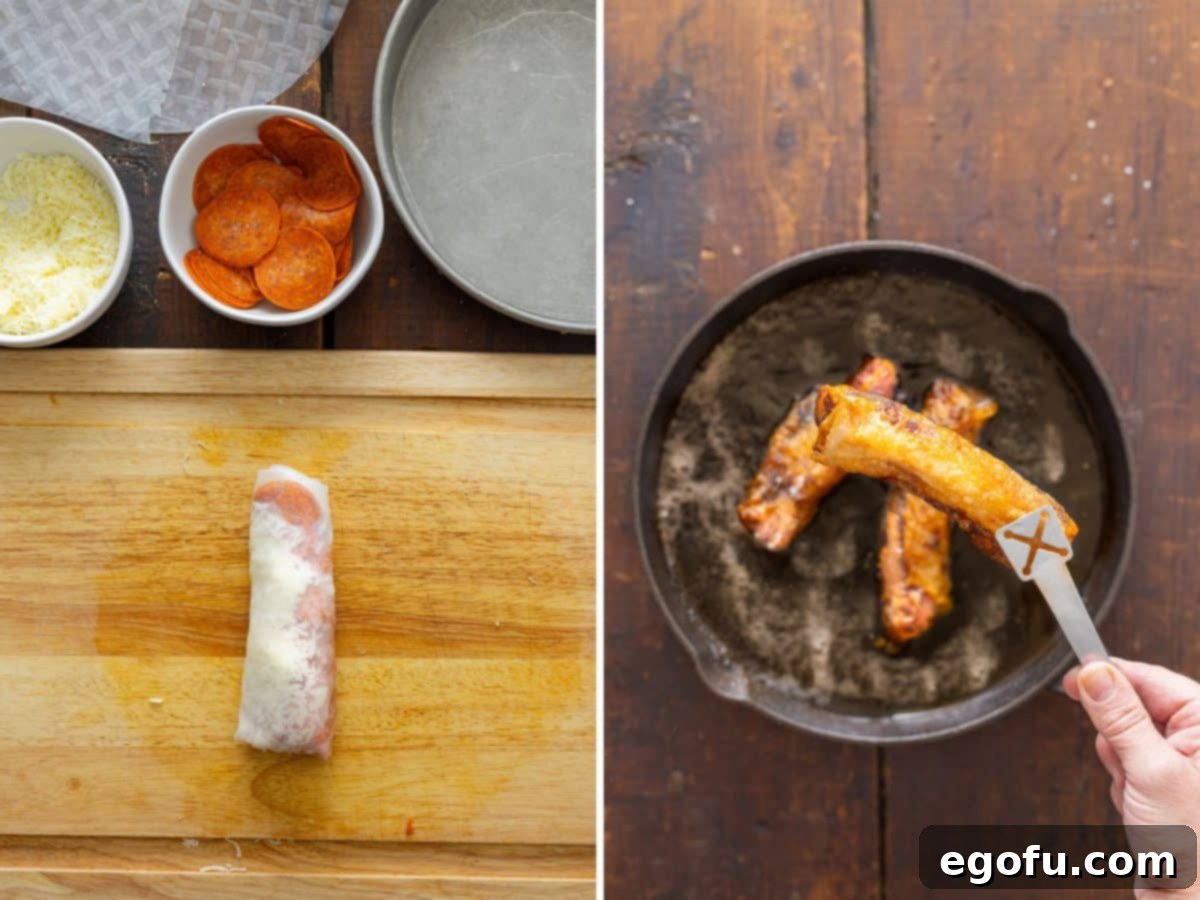 A fully wrapped pepperoni and cheese spring roll being fried in a pan of oil.