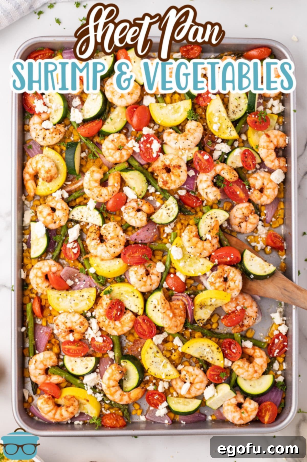 Looking down on a sheet pan of Shrimp and Vegetables.