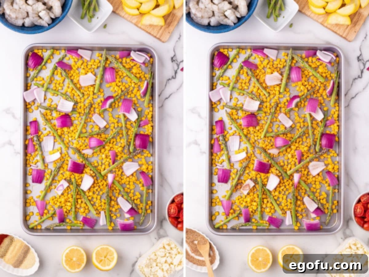 A sheet pan with raw vegetables and then a pan with roasted veggies.