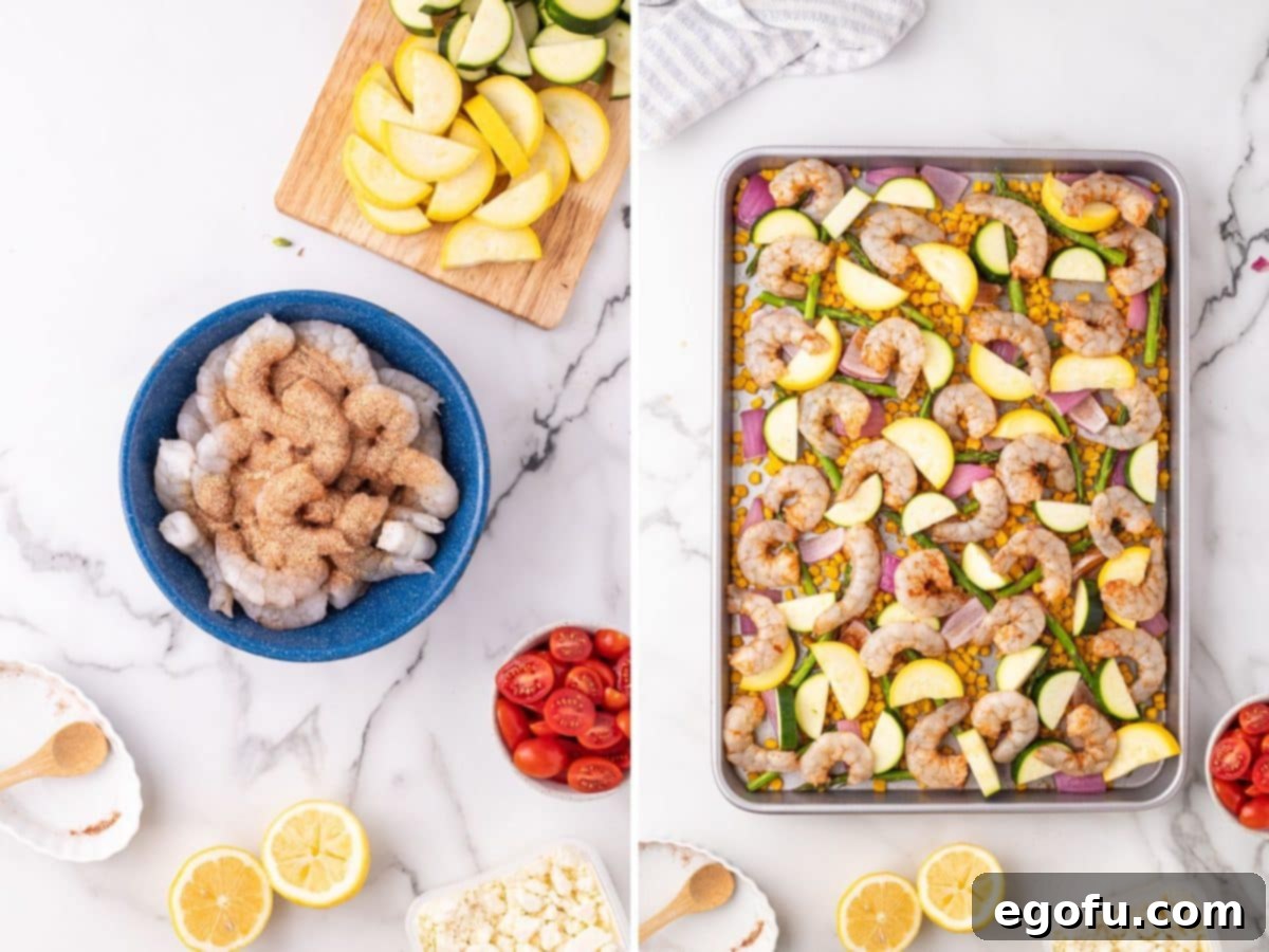 A bowl of shrimp with seasonings and a sheet pan with seasoned shrimp and veggies.