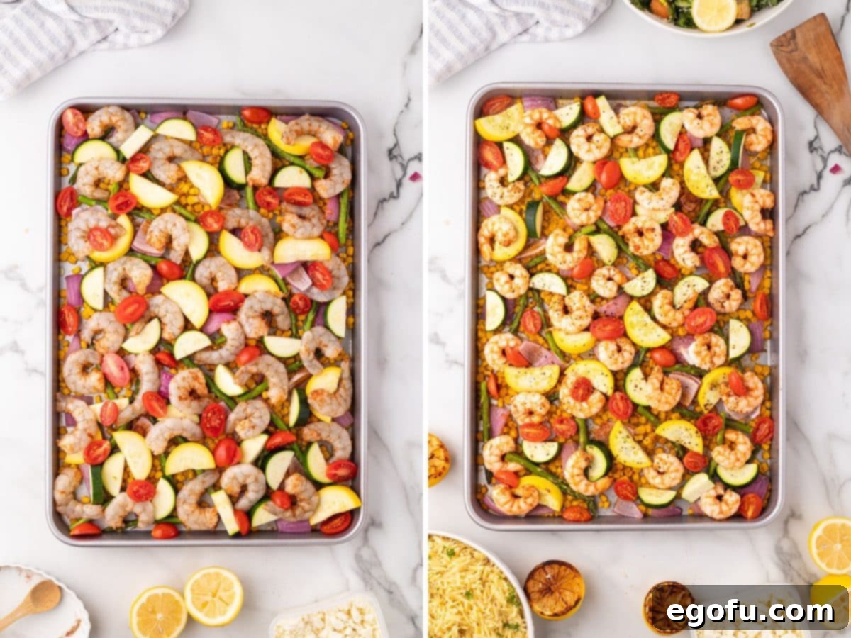 Veggies and shrimp cooking on a sheet pan.