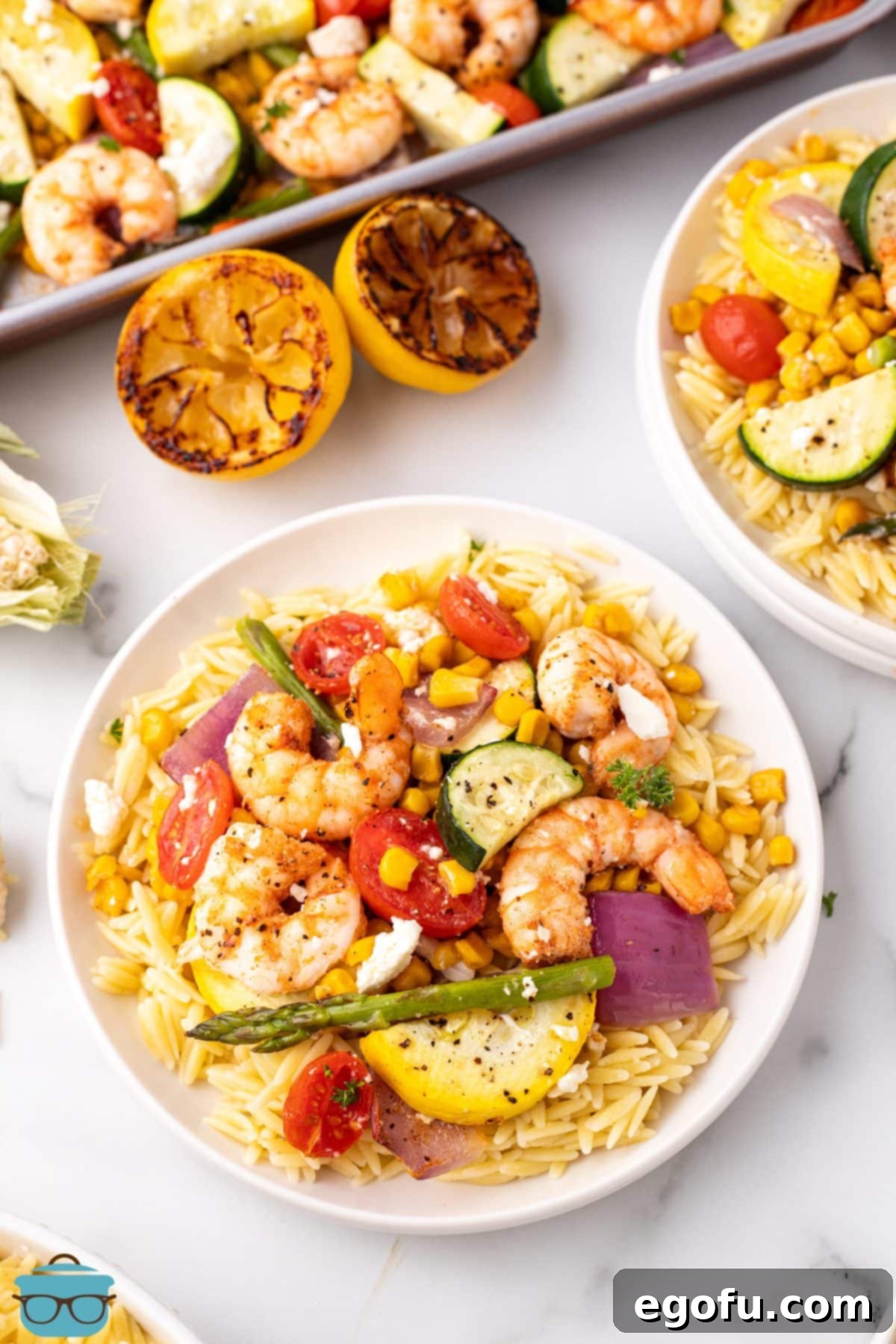 A plate of Sheet Pan Shrimp and Vegetables.