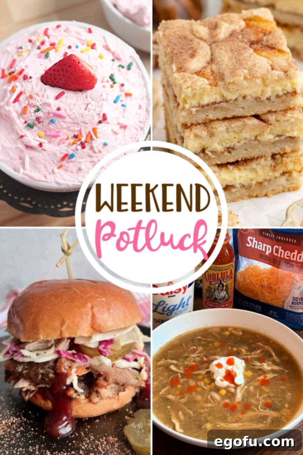 Weekend Potluck featured recipes include Fluffy Jell-O, Snickerdoodle Cheesecake Cookie Bars, Dutch Oven Pulled Pork and Slow Cooker Salsa Verde Chicken Soup. A vibrant collage of diverse dishes.