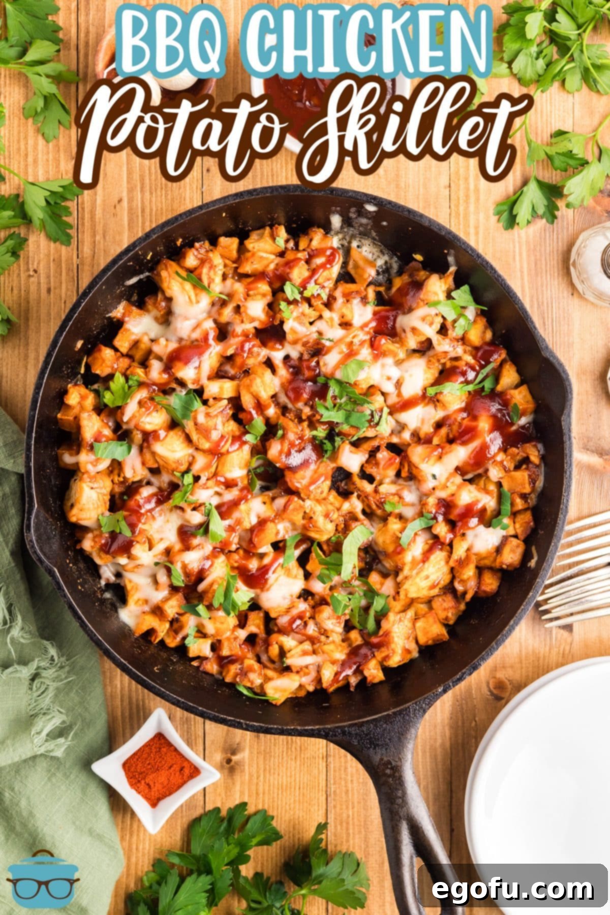 Smoky BBQ Chicken and Crispy Potato Skillet 4 A cast iron skillet full of BBQ Chicken Potato dinner.