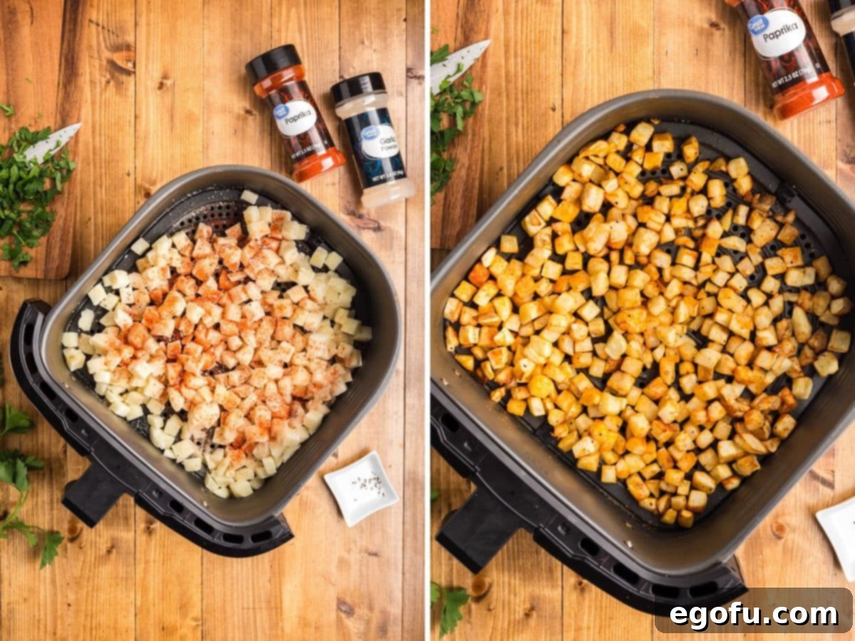 Smoky BBQ Chicken and Crispy Potato Skillet 6 An Air Fryer basket with raw and seasoned potatoes and then cooked potatoes.