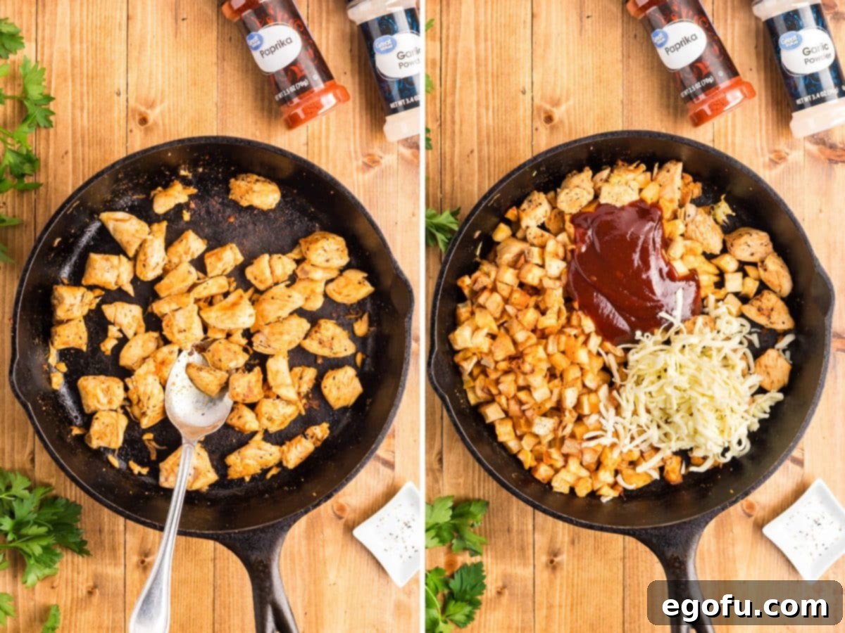 Smoky BBQ Chicken and Crispy Potato Skillet 8 Chicken cooking in a skillet and then with bbq sauce and potatoes.