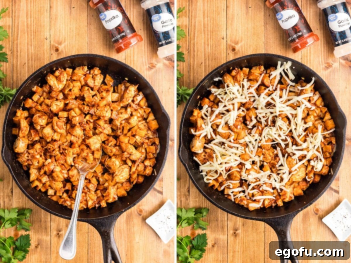 Smoky BBQ Chicken and Crispy Potato Skillet 9 Chicken and potato skillet with more shredded cheese.