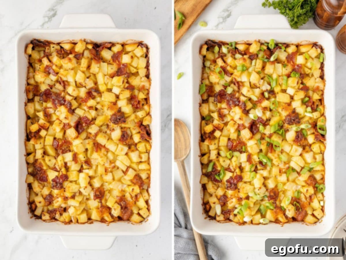 A baked casserole of Mississippi Mud Potatoes, glistening with melted cheese and ready for garnish.