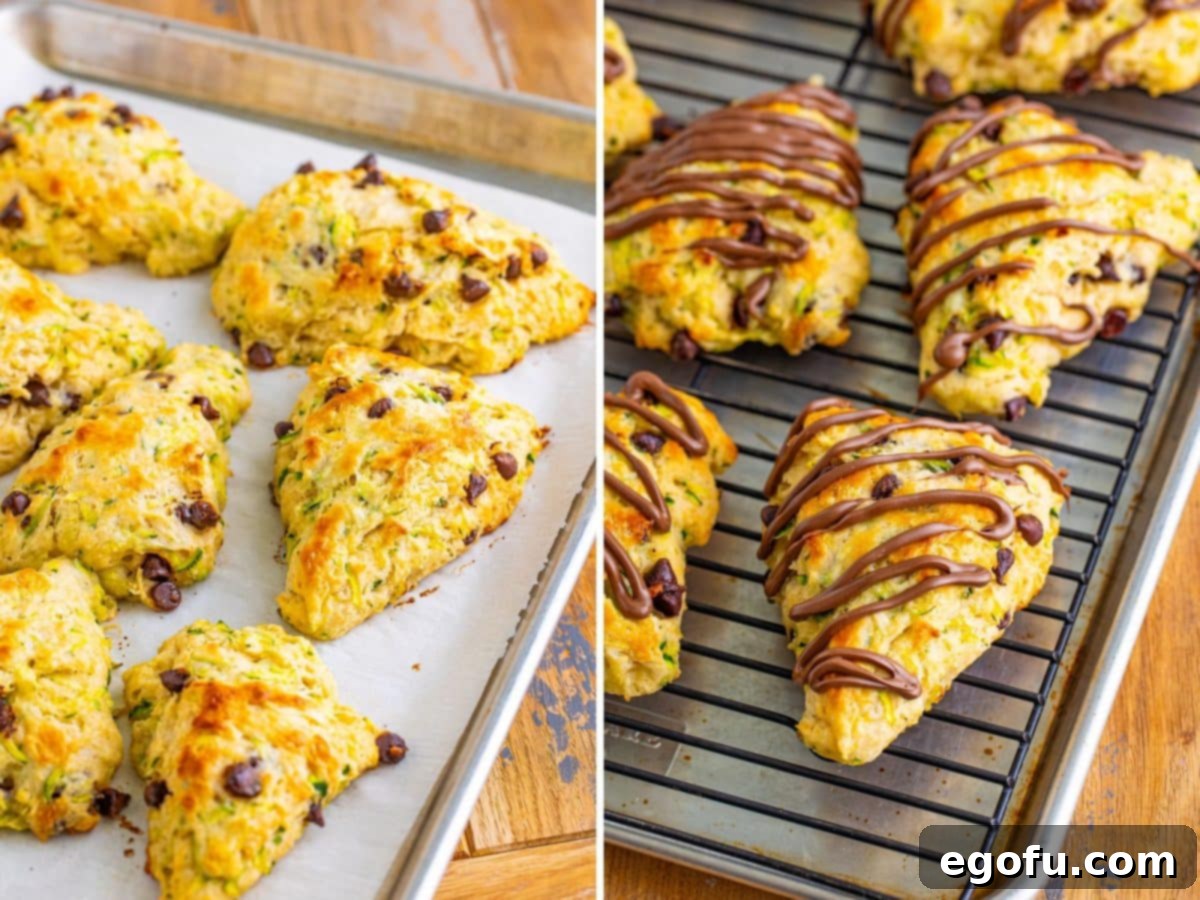 Baked scones on a sheet pan and then on a wire rack to cool and get chocolate drizzle.