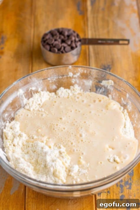Wet and dry ingredients being mixed together.