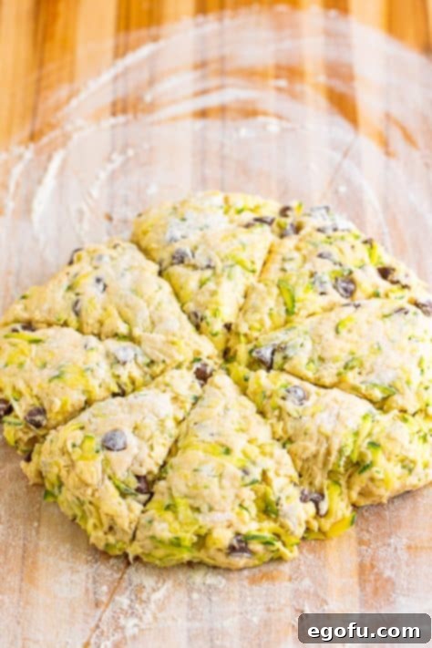 Scone dough being cut into triangles.