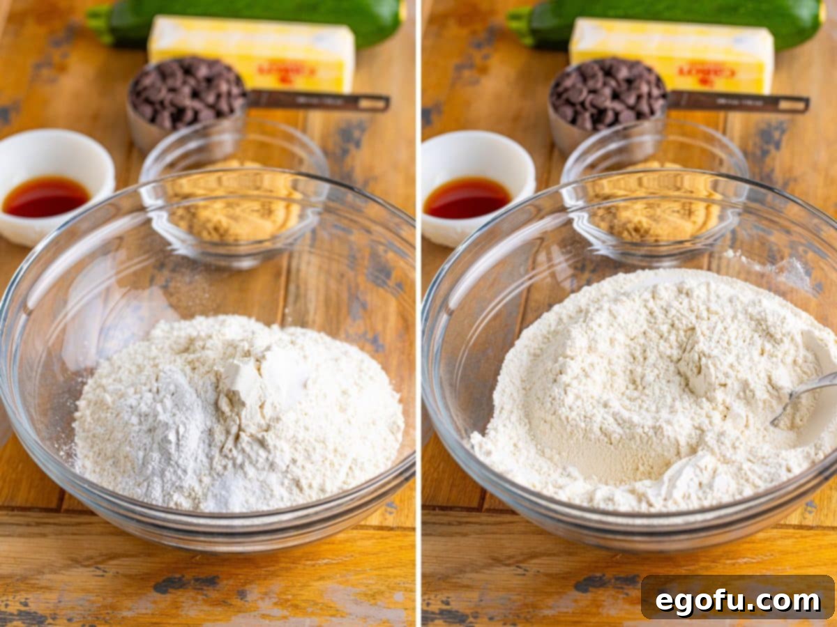 Dry ingredients in a bowl being mixed.